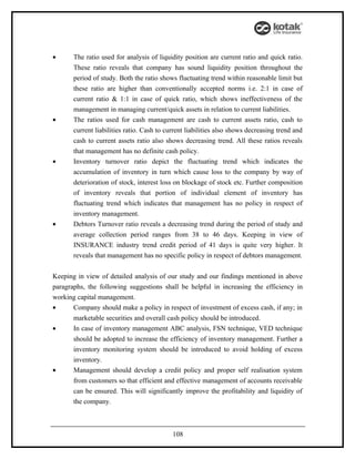 •      The ratio used for analysis of liquidity position are current ratio and quick ratio.
       These ratio reveals that company has sound liquidity position throughout the
       period of study. Both the ratio shows fluctuating trend within reasonable limit but
       these ratio are higher than conventionally accepted norms i.e. 2:1 in case of
       current ratio & 1:1 in case of quick ratio, which shows ineffectiveness of the
       management in managing current/quick assets in relation to current liabilities.
•      The ratios used for cash management are cash to current assets ratio, cash to
       current liabilities ratio. Cash to current liabilities also shows decreasing trend and
       cash to current assets ratio also shows decreasing trend. All these ratios reveals
       that management has no definite cash policy.
•      Inventory turnover ratio depict the fluctuating trend which indicates the
       accumulation of inventory in turn which cause loss to the company by way of
       deterioration of stock, interest loss on blockage of stock etc. Further composition
       of inventory reveals that portion of individual element of inventory has
       fluctuating trend which indicates that management has no policy in respect of
       inventory management.
•      Debtors Turnover ratio reveals a decreasing trend during the period of study and
       average collection period ranges from 38 to 46 days. Keeping in view of
       INSURANCE industry trend credit period of 41 days is quite very higher. It
       reveals that management has no specific policy in respect of debtors management.


Keeping in view of detailed analysis of our study and our findings mentioned in above
paragraphs, the following suggestions shall be helpful in increasing the efficiency in
working capital management.
•      Company should make a policy in respect of investment of excess cash, if any; in
       marketable securities and overall cash policy should be introduced.
•      In case of inventory management ABC analysis, FSN technique, VED technique
       should be adopted to increase the efficiency of inventory management. Further a
       inventory monitoring system should be introduced to avoid holding of excess
       inventory.
•      Management should develop a credit policy and proper self realisation system
       from customers so that efficient and effective management of accounts receivable
       can be ensured. This will significantly improve the profitability and liquidity of
       the company.



                                            108
 