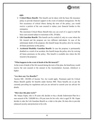 sight.
     Critical Illness Benefit: This benefit can be taken with the basic life insurance
      policy to provide financial support in the event of medical emergencies. On the
      first occurrence of critical illness during the term of the policy, you would
      receive a portion of the sum assured to reduce your financial burden in this
      emergency.
      The maximum Critical Illness Benefit that you can avail of is equal to half the
      basic sum assured subject to maximum of Rs. 20 lakhs.
     Life Guardian Benefit: This benefit can be availed of, only in a case where the
      life insured and the proposer are two different individuals. In case of the
      unfortunate death of the proposer, this benefit keeps the policy alive by waiving
      all future premiums on the policy.
     Accidental Disability Guardian Benefit: In case the proposer is permanently
      disabled as a result of an accident, this benefit keeps the policy alive by waiving
      all future premiums on the policy. This benefit is available also where the life
      insured is the proposer.


 "What happens in the event of death of the life insured?"
 In the event of death of the life insured during the term of the plan, the beneficiary would
receive the sum assured or the amount in the Accumulation Account, whichever is
higher.


"Are there any Tax Benefits?"
 Section 80C, 10(10D) of Income Tax Act would apply. Premiums paid for Critical
Illness Benefit qualify for benefits under Section 80D. These benefits are as per the
currently prevailing tax regulations and you are advised to consult your tax advisor for
details.


"How does this plan work?"
Mr. Sanjay Gupta, who is 30 years old, decides to buy a Kotak Endowment Plan for a
sum assured of Rs. 5,00,000 for a 20-year term for his wife, who is aged 28. Mr. Gupta
decides to take the Life Guardian Benefit as a rider to the plan. He does this to provide
enhanced security and protection to his wife.




                                             41
 