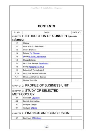 Project Report On Work Life Balance of Employees
CONTENTS
SL. NO. TOPIC PAGE NO.
CHAPTER 1: INTODUCTION OF CONCEPT (Work l...