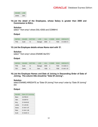 12
14.List the detail of the Employees, whose Salary is greater than 2000 and
Commission is NULL.
Solution
select * from emp1 where SAL>2000 and COMM=0
Output
15.List the Employee details whose Name start with ‘S’.
Solution
select * from emp1 where ENAME like'S%'
Output
16.List the Employee Names and Date of Joining in Descending Order of Date of
Joining. The column title should be “Date Of Joining”.
Solution
select ENAME,HIREDATE as "Date Of Joining" from emp1 order by "Date Of Joining"
asc
Output
 