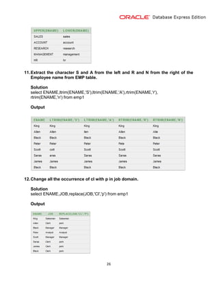 26
11.Extract the character S and A from the left and R and N from the right of the
Employee name from EMP table.
Solution
select ENAME,ltrim(ENAME,'S'),ltrim(ENAME,'A'),rtrim(ENAME,'r'),
rtrim(ENAME,'n') from emp1
Output
12.Change all the occurrence of cl with p in job domain.
Solution
select ENAME,JOB,replace(JOB,'Cl','p') from emp1
Output
 