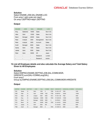 35
Solution
Select ENAME,JOB,SAL,DNAME,LOC
From emp1 right outer join dept1
On emp1.DEPTNO=dept1.DEPTNO
Output
12.List all Employee details and also calculate the Average Salary and Total Salary
Given to All Employees
Solution
Select EMPNO,ENAME,DEPTNO,JOB,SAL,COMM,MGR,
HIREDATE,sum(SAL+COMM),avg(SAL)
From emp1
Group by EMPNO,ENAME,DEPTNO,JOB,SAL,COMM,MGR,HIREDATE
Output
 