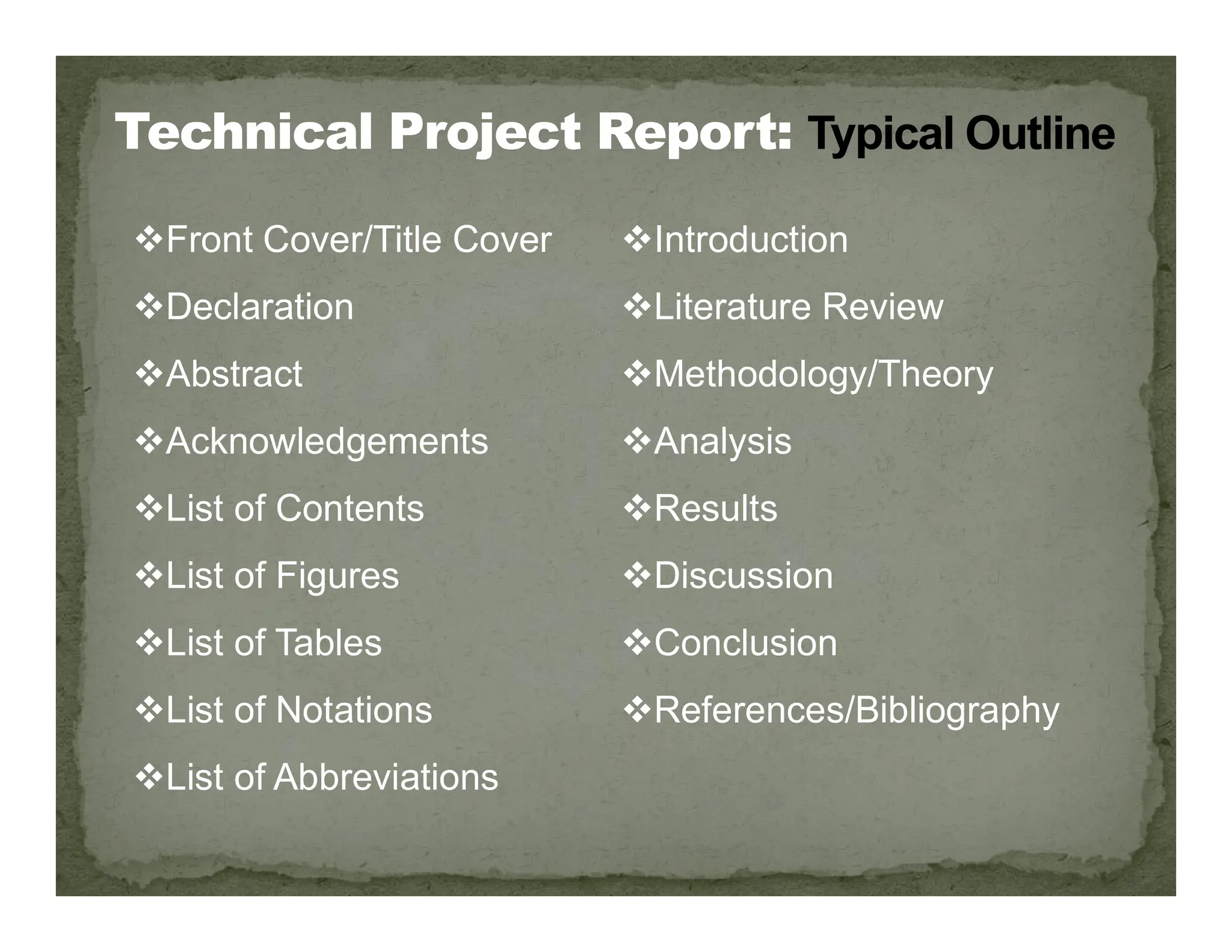 Front Cover/Title Cover
Declaration
Abstract
Acknowledgements
Introduction
Literature Review
Methodology/Theory
Analysis
List of Contents
List of Figures
List of Tables
List of Notations
List of Abbreviations
Results
Discussion
Conclusion
References/Bibliography
 