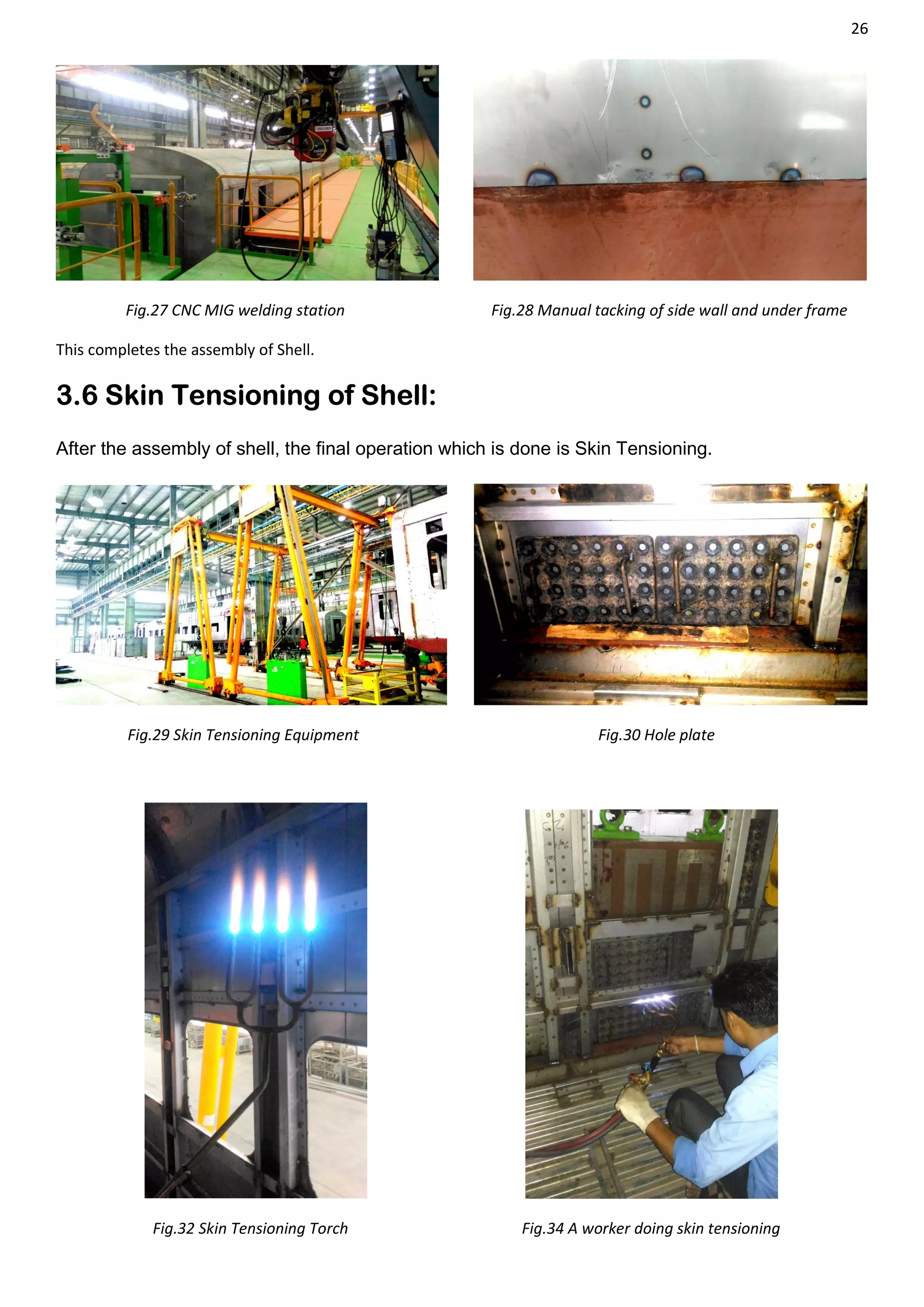 26
Fig.27 CNC MIG welding station Fig.28 Manual tacking of side wall and under frame
This completes the assembly of Shell.
3.6 Skin Tensioning of Shell:
After the assembly of shell, the final operation which is done is Skin Tensioning.
Fig.29 Skin Tensioning Equipment Fig.30 Hole plate
Fig.32 Skin Tensioning Torch Fig.34 A worker doing skin tensioning
 