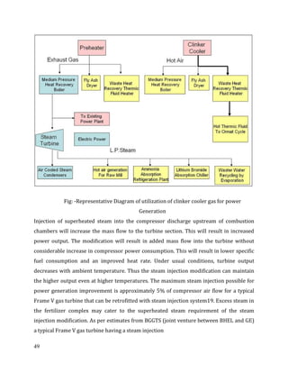 49
Fig: -Representative Diagram of utilization of clinker cooler gas for power
Generation
Injection of superheated steam into the compressor discharge upstream of combustion
chambers will increase the mass flow to the turbine section. This will result in increased
power output. The modification will result in added mass flow into the turbine without
considerable increase in compressor power consumption. This will result in lower specific
fuel consumption and an improved heat rate. Under usual conditions, turbine output
decreases with ambient temperature. Thus the steam injection modification can maintain
the higher output even at higher temperatures. The maximum steam injection possible for
power generation improvement is approximately 5% of compressor air flow for a typical
Frame V gas turbine that can be retrofitted with steam injection system19. Excess steam in
the fertilizer complex may cater to the superheated steam requirement of the steam
injection modification. As per estimates from BGGTS (joint venture between BHEL and GE)
a typical Frame V gas turbine having a steam injection
 