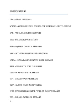 9
ABBREVIATIONS
GHG: - GREEN HOUSE GAS
WBCSD: - WORLD BUSINESS COUNCIL FOR SUSTAINABLE DEVELOPMENT
WRI: - WORLD RESOURCE INSTITUTE
SBU: - STRATEGIC BUSINESS UNIT
ACL: - AQUASUB CHEMICALS LIMITED
NPK: - NITROGEN-PHOSPHORUS-POTASSIUM
LABSA: - LINEAR ALKYL BENZENE SULPHONIC ACID
STPP: - SODIUM TRI POLY PHOSPHATE
DAP: - DI AMMONIUM PHOSPHATE
SSP: - SINGLE SUPER PHOSPHATE
GWP: -GLOBAL WARMING POTENTIAL
IPCC: -INTERGOVERNMENTAL PANEL ON CLIMATE CHANGE
CCS: - CARBON CAPTURE & STORAGE
 