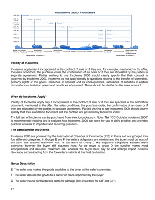 27
Validity of Incoterms
Incoterms apply only if incorporated in the contract of sale or if they are, for example, mentioned in the offer,
the sales conditions, the purchase order, the confirmation of an order or if they are stipulated by the parties in
separate agreement. Parties wishing to use Incoterms 2000 should clearly specify that their contract is
governed by Incoterms 2000. Incoterms do not apply directly to questions relating to the transfer of ownership,
property rights of the goods, breaches of contract and its consequences, exclusions of liabilities in certain
circumstances, limitation period and conditions of payment. These should be clarified in the sales contract.
When do Incoterms Apply?
Validity of Incoterms apply only if incorporated in the contract of sale or if they are specified in the solicitation
document, mentioned in the offer, the sales conditions, the purchase order, the confirmation of an order or if
they are stipulated by the parties in separate agreement. Parties wishing to use Incoterms 2000 should clearly
specify that their solicitation document and the contract are governed by Incoterms 2000.
The full text of Incoterms can be purchased from www.iccbooks.com. Note: The “ICC Guide to Incoterms 2000”
is recommended reading and it explains how Incoterms 2000 can work for you in daily practice and provides
practical answers to important and recurring questions.
The Structure of Incoterms
Incoterms 2000 are governed by the International Chamber of Commerce (ICC) in Paris and are grouped into
four different categories. In Groups E and F the seller‟s obligations are minimal and the buyer must do most of
the work and assume maximum risk. As we move to Group C the supplier‟s obligations become more
extensive, however the buyer still assumes risks. As we move to group D the supplier makes most
arrangements and assumes maximum risk, whereas the buyer must pay for and arrange import customs
clearance and un-loading from the forwarder‟s vehicle at the final destination.
Group Description
E The seller only makes the goods available to the buyer at the seller‟s premises.
F The seller delivers the goods to a carrier or place appointed by the buyer.
C The seller has to contract at his costs for carriage (and insurance for CIF and CIP).
 