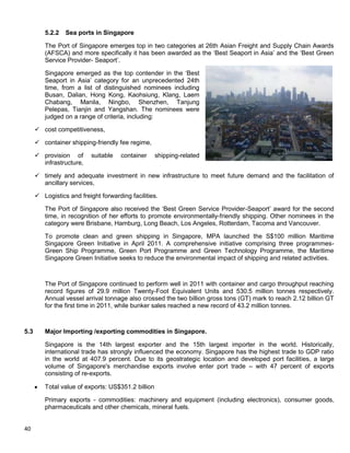 40
5.2.2 Sea ports in Singapore
The Port of Singapore emerges top in two categories at 26th Asian Freight and Supply Chain Awards
(AFSCA) and more specifically it has been awarded as the „Best Seaport in Asia‟ and the „Best Green
Service Provider- Seaport‟.
Singapore emerged as the top contender in the „Best
Seaport in Asia‟ category for an unprecedented 24th
time, from a list of distinguished nominees including
Busan, Dalian, Hong Kong, Kaohsiung, Klang, Laem
Chabang, Manila, Ningbo, Shenzhen, Tanjung
Pelepas, Tianjin and Yangshan. The nominees were
judged on a range of criteria, including:
 cost competitiveness,
 container shipping-friendly fee regime,
 provision of suitable container shipping-related
infrastructure,
 timely and adequate investment in new infrastructure to meet future demand and the facilitation of
ancillary services,
 Logistics and freight forwarding facilities.
The Port of Singapore also received the „Best Green Service Provider-Seaport‟ award for the second
time, in recognition of her efforts to promote environmentally-friendly shipping. Other nominees in the
category were Brisbane, Hamburg, Long Beach, Los Angeles, Rotterdam, Tacoma and Vancouver.
To promote clean and green shipping in Singapore, MPA launched the S$100 million Maritime
Singapore Green Initiative in April 2011. A comprehensive initiative comprising three programmes-
Green Ship Programme, Green Port Programme and Green Technology Programme, the Maritime
Singapore Green Initiative seeks to reduce the environmental impact of shipping and related activities.
The Port of Singapore continued to perform well in 2011 with container and cargo throughput reaching
record figures of 29.9 million Twenty-Foot Equivalent Units and 530.5 million tonnes respectively.
Annual vessel arrival tonnage also crossed the two billion gross tons (GT) mark to reach 2.12 billion GT
for the first time in 2011, while bunker sales reached a new record of 43.2 million tonnes.
5.3 Major Importing /exporting commodities in Singapore.
Singapore is the 14th largest exporter and the 15th largest importer in the world. Historically,
international trade has strongly influenced the economy. Singapore has the highest trade to GDP ratio
in the world at 407.9 percent. Due to its geostrategic location and developed port facilities, a large
volume of Singapore's merchandise exports involve enter port trade – with 47 percent of exports
consisting of re-exports.
Total value of exports: US$351.2 billion
Primary exports - commodities: machinery and equipment (including electronics), consumer goods,
pharmaceuticals and other chemicals, mineral fuels.
 