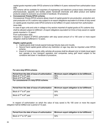 46
capital goods imported under EPCG scheme to be fulfilled in 6 years reckoned from authorization issue
date.
The scheme will be available for exporters of engineering and electronic product basic chemicals and
pharmaceuticals, apparels and textiles plastic handicraft chemicals and allied product and leather
products subject to exclusion as provided in handbook. Of procedure.
Concessional 3%duty EPCG scheme.
Concessional 3%duty EPCG scheme allows import of capital goods for pre-production, production and
post production at 3% customs duty subject to an export obligations equivalent to 8 times of duty saved
on capital goods imported under EPCG scheme to be fulfilled in 8 years reckoned from authorization
issue date.
In case of agro units and units in cottage or tiny sectors imported of capital goods at 3% customs duty
shall be allowed subject to fulfillment of export obligations equivalent to 6 time of duty saved on capital
goods imported in 12 years f
From authorization date.
How-ever in respect of EPCG authorization with duty saved amount of rs 100 corer or more export
obligation shall be fulfillment in 12 years.
Eligible capital goods:
 Capital goods shall include spared tools jigs fixtures dyes and moulds.
 Second hand capital goods without any restriction on age may also be imported under EPCG
scheme.
 Import of motorcars sports utility vehicles all purpose shall be allowed only to hotels travel agent
tour operate or tour transport operators and companies owing golf resort subject to the
conditions laid down in handbook of procedure.
For zero duty EPCG scheme.
Period from the date of issue of authorization Minimum export obligation to be fulfillment.
Block of 1st
to 4th
year 50%
Block of 5th
to 6th
year 50%
For concessional 3% duty EPCG scheme.
Period from the date of issue of authorization Minimum export obligation to be fulfillment.
Block of 1st
to 6th
year 50%
Block of 7th
to 8th
year 50%
In respect of authorization on which the value of duty saved is Rs 100 corer or more the export
obligation hall be fulfilled over a period of 12 year.
Period from the date of issue of authorization Minimum export obligation to be fulfillment.
Block of 1st
to 10th
year 50%
 