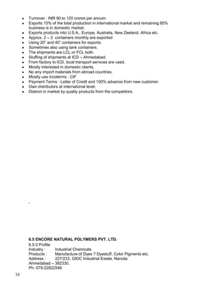 53
Turnover : INR 90 to 120 crores per annum.
Exports 15% of the total production in international market and remaining 85%
business is in domestic market.
Exports products into U.S.A., Europe, Australia, New Zeeland, Africa etc.
Approx. 2 – 3 containers monthly are exported
Using 20” and 40” containers for exports.
Sometimes also using tank containers.
The shipments are LCL or FCL both.
Stuffing of shipments at ICD – Ahmedabad.
From factory to ICD, local transport services are used.
Mostly interested in domestic clients.
No any import materials from abroad countries.
Mostly use incoterms : CIF
Payment Terms : Letter of Credit and 100% advance from new customer.
Own distributors at international level.
Distinct in market by quality products from the competitors.
.
6.5 ENCORE NATURAL POLYMERS PVT. LTD.
6.5.0 Profile
Industry : Industrial Chemicals
Products : Manufacture of Dyes 7 Dyestuff, Color Pigments etc.
Address : 227/233, GIDC Industrial Estate, Naroda
Ahmedabad – 382330.
Ph. 079-22822548
 