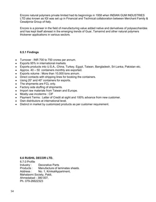 54
Encore natural polymers private limited had its beginnings in 1958 when INDIAN GUM INDUSTRIES
LTD also known as IGI was set up in Financial and Technical collaboration between Merchant Family &
Cesalpinia Group of Italy.
Encore is a pioneer in the field of manufacturing value added native and derivatives of polysaccharides
and has kept itself abreast in the emerging trends of Guar, Tamarind and other natural polymers
thickener applications in various sectors.
6.5.1 Findings
Turnover : INR 700 to 750 crores per annum.
Exports 95% in international markets.
Exports products into U.S.A., China, Turkey, Egypt, Taiwan, Bangladesh, Sri Lanka, Pakistan etc.
Approx. 40 – 50 containers monthly are exported.
Exports volume : More than 10,000 tons annum.
Direct contacts with shipping lines for booking the containers.
Using 20” and 40” containers for exports.
The shipments are FCL only.
Factory side stuffing of shipments.
Import raw materials from Taiwan and Europe.
Mostly use incoterms : CIF
Payment Terms : Letter of Credit at sight and 100% advance from new customer.
Own distributors at international level.
Distinct in market by customized products as per customer requirement.
6.6 RUSHIL DECOR LTD.
6.7.0 Profile
Industry : Decorative Parts
Products : Manufacture of laminates sheets.
Address : No. 1, KrinkalAppartment,
Mahalaxmi Society, Paldi,
Ahmedabad - 380 007,
Ph. 079-26622323
 