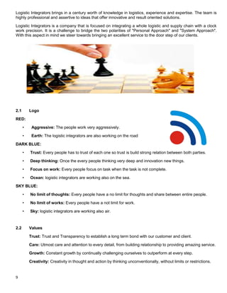 9
Logistic Integrators brings in a century worth of knowledge in logistics, experience and expertise. The team is
highly professional and assertive to ideas that offer innovative and result oriented solutions.
Logistic Integrators is a company that is focused on integrating a whole logistic and supply chain with a clock
work precision. It is a challenge to bridge the two polarities of "Personal Approach" and "System Approach".
With this aspect in mind we steer towards bringing an excellent service to the door step of our clients.
2.1 Logo
RED:
• Aggressive: The people work very aggressively.
• Earth: The logistic integrators are also working on the road
DARK BLUE:
• Trust: Every people has to trust of each one so trust is build strong relation between both parties.
• Deep thinking: Once the every people thinking very deep and innovation new things.
• Focus on work: Every people focus on task when the task is not complete.
• Ocean: logistic integrators are working also on the sea.
SKY BLUE:
• No limit of thoughts: Every people have a no limit for thoughts and share between entire people.
• No limit of works: Every people have a not limit for work.
• Sky: logistic integrators are working also air.
2.2 Values
Trust: Trust and Transparency to establish a long term bond with our customer and client.
Care: Utmost care and attention to every detail, from building relationship to providing amazing service.
Growth: Constant growth by continually challenging ourselves to outperform at every step.
Creativity: Creativity in thought and action by thinking unconventionally, without limits or restrictions.
 