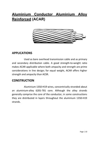 Page | 10
Aluminium Conductor Aluminium Alloy
Reinforced (ACAR)
APPLICATIONS
Used as bare overhead transmission cable and ...