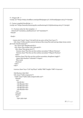 37 | P a g e
<!-- Popper JS -->
<script src="https://cdnjs.cloudflare.com/ajax/libs/popper.js/1.16.0/umd/popper.min.js"></script>
<!-- Latest compiled JavaScript -->
<script src="https://maxcdn.bootstrapcdn.com/bootstrap/4.5.2/js/bootstrap.min.js"></script>
<!-- Custom styles for this template -->
<link href="css/admin_dashboard.css" rel="stylesheet">
</head>
<body>
<main role="main" class="col-md-9 ml-sm-auto col-lg-10 pt-3 px-4">
<div class="d-flex justify-content-between flex-wrap flex-md-nowrap align-items-center
pb-2 mb-3 border-bottom">
<h1 class="h2">Dashboard</h1>
<div class="btn-toolbar mb-2 mb-md-0">
<div class="btn-group mr-2">
<button class="btn btn-sm btn-outline-secondary">Share</button>
<button class="btn btn-sm btn-outline-secondary">Export</button>
</div>
<button class="btn btn-sm btn-outline-secondary dropdown-toggle">
<span data-feather="calendar"></span>
This week
</button>
</div>
</div>
<canvas class="my-4" id="myChart" width="900" height="380"></canvas>
<h2>Section title</h2>
<div class="table-responsive">
<table class="table table-striped table-sm">
<thead>
<tr>
<th>#</th>
<th>Header</th>
<th>Header</th>
<th>Header</th>
<th>Header</th>
</tr>
</thead>
<tbody>
<tr>
<td>1,001</td>
 