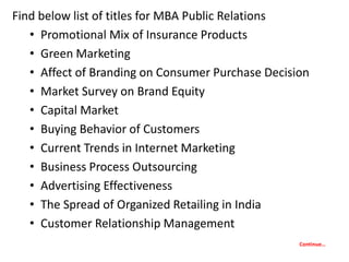 Project report titles for mba in public relations