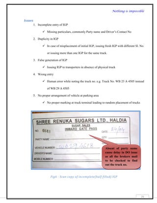Nothing is impossible


Issues
         1. Incomplete entry of IGP

                 Missing particulars, commonly Party name and Driver‟s Contact No

         2. Duplicity in IGP

                 In case of misplacement of initial IGP, issuing fresh IGP with different Sl. No.

                   or issuing more than one IGP for the same truck.

         3. False generation of IGP

                 Issuing IGP to transporters in absence of physical truck

         4. Wrong entry

                 Human error while noting the truck no. e.g. Truck No. WB 23 A 4505 instead

                   of WB 29 A 4505

         5. No proper arrangement of vehicle at parking area

                 No proper marking at truck terminal leading to random placement of trucks




                                                                  Absent of party name
                                                                  cause delay in DO issue
                                                                  as all the brokers mail
                                                                  to be checked to find
                                                                  out the truck no.


                      Fig6 : Scan copy of incomplete(half filled) IGP




                                                                                               29
 