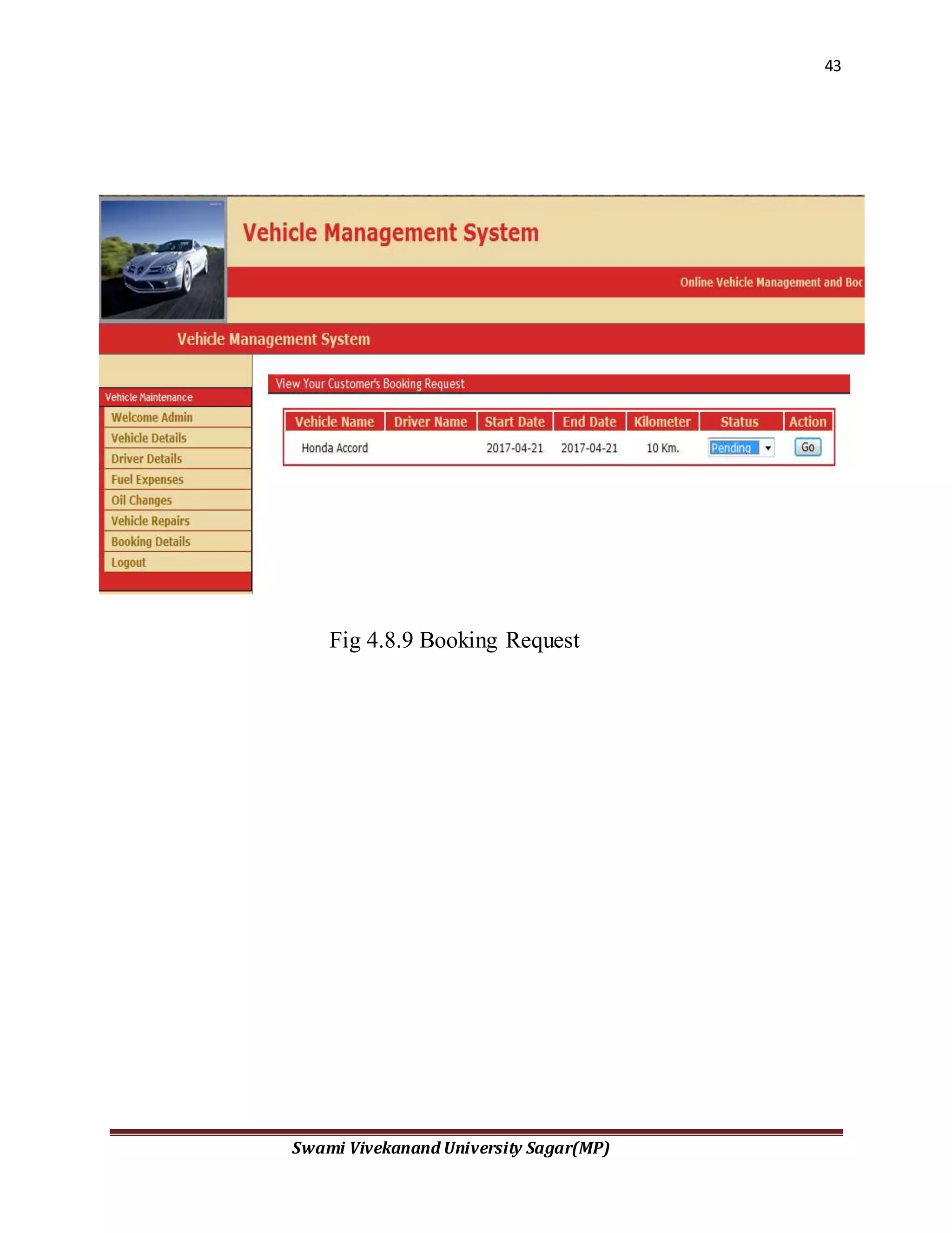 43
Swami Vivekanand University Sagar(MP)
Fig 4.8.9 Booking Request
 