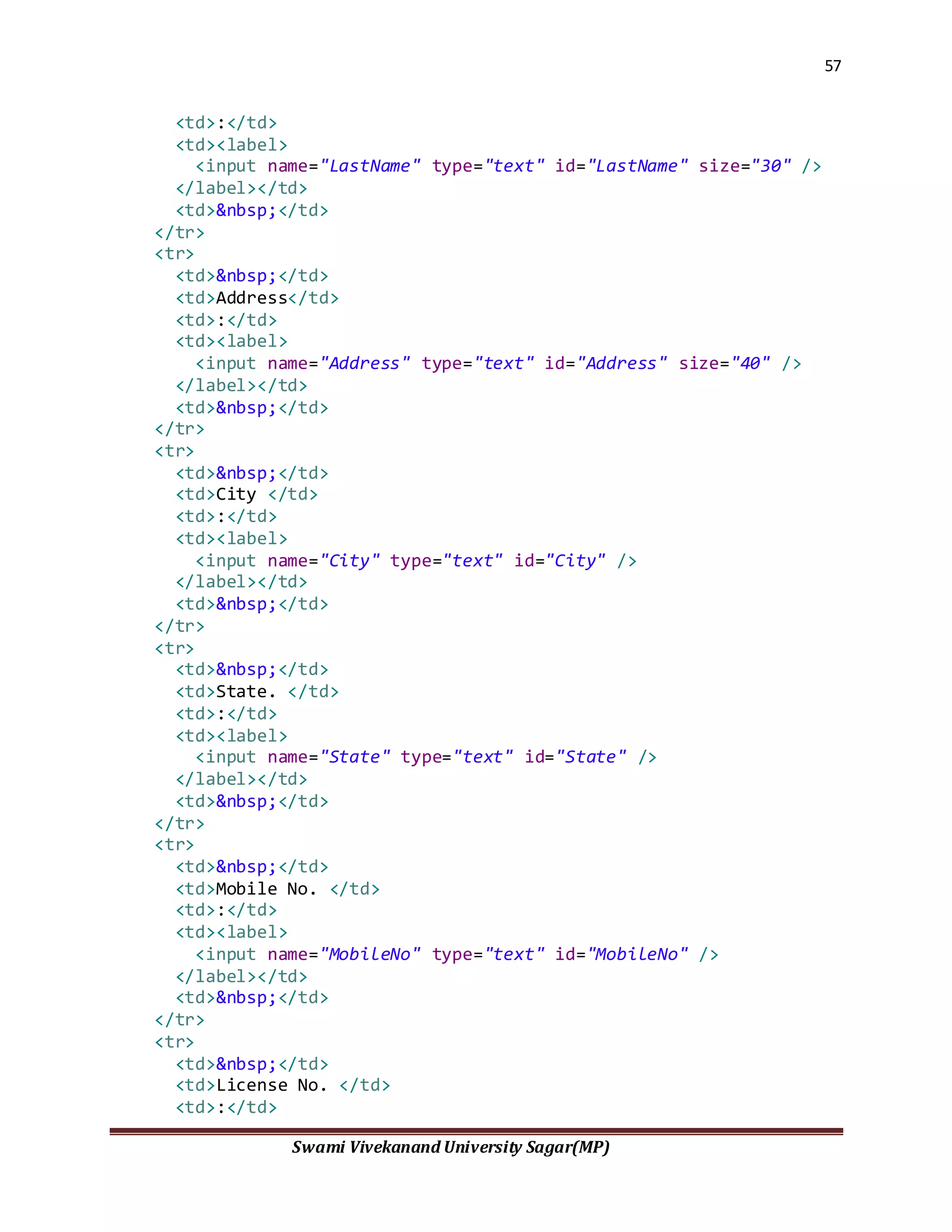 57
Swami Vivekanand University Sagar(MP)
<td>:</td>
<td><label>
<input name="LastName" type="text" id="LastName" size="30" />
</label></td>
<td>&nbsp;</td>
</tr>
<tr>
<td>&nbsp;</td>
<td>Address</td>
<td>:</td>
<td><label>
<input name="Address" type="text" id="Address" size="40" />
</label></td>
<td>&nbsp;</td>
</tr>
<tr>
<td>&nbsp;</td>
<td>City </td>
<td>:</td>
<td><label>
<input name="City" type="text" id="City" />
</label></td>
<td>&nbsp;</td>
</tr>
<tr>
<td>&nbsp;</td>
<td>State. </td>
<td>:</td>
<td><label>
<input name="State" type="text" id="State" />
</label></td>
<td>&nbsp;</td>
</tr>
<tr>
<td>&nbsp;</td>
<td>Mobile No. </td>
<td>:</td>
<td><label>
<input name="MobileNo" type="text" id="MobileNo" />
</label></td>
<td>&nbsp;</td>
</tr>
<tr>
<td>&nbsp;</td>
<td>License No. </td>
<td>:</td>
 