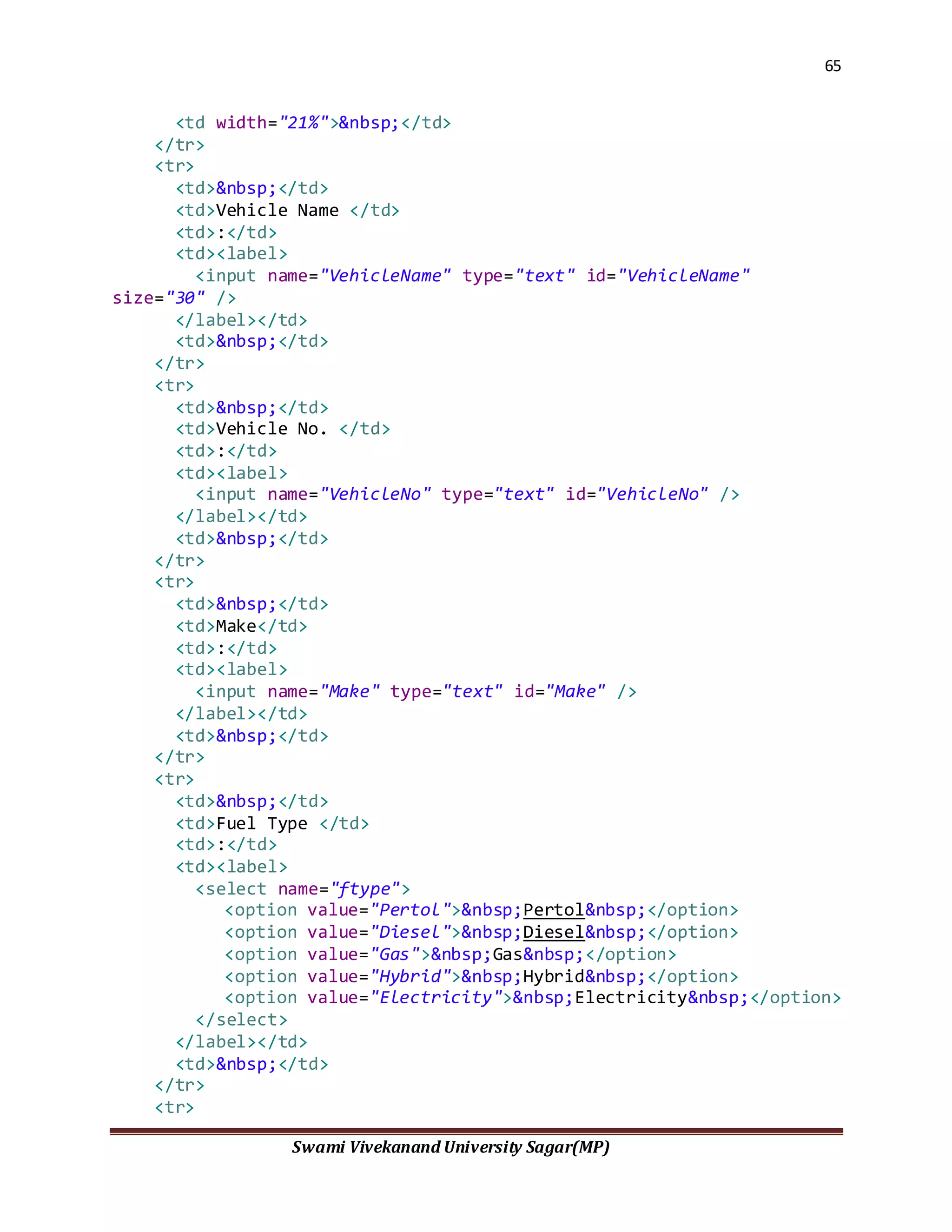 65
Swami Vivekanand University Sagar(MP)
<td width="21%">&nbsp;</td>
</tr>
<tr>
<td>&nbsp;</td>
<td>Vehicle Name </td>
<td>:</td>
<td><label>
<input name="VehicleName" type="text" id="VehicleName"
size="30" />
</label></td>
<td>&nbsp;</td>
</tr>
<tr>
<td>&nbsp;</td>
<td>Vehicle No. </td>
<td>:</td>
<td><label>
<input name="VehicleNo" type="text" id="VehicleNo" />
</label></td>
<td>&nbsp;</td>
</tr>
<tr>
<td>&nbsp;</td>
<td>Make</td>
<td>:</td>
<td><label>
<input name="Make" type="text" id="Make" />
</label></td>
<td>&nbsp;</td>
</tr>
<tr>
<td>&nbsp;</td>
<td>Fuel Type </td>
<td>:</td>
<td><label>
<select name="ftype">
<option value="Pertol">&nbsp;Pertol&nbsp;</option>
<option value="Diesel">&nbsp;Diesel&nbsp;</option>
<option value="Gas">&nbsp;Gas&nbsp;</option>
<option value="Hybrid">&nbsp;Hybrid&nbsp;</option>
<option value="Electricity">&nbsp;Electricity&nbsp;</option>
</select>
</label></td>
<td>&nbsp;</td>
</tr>
<tr>
 