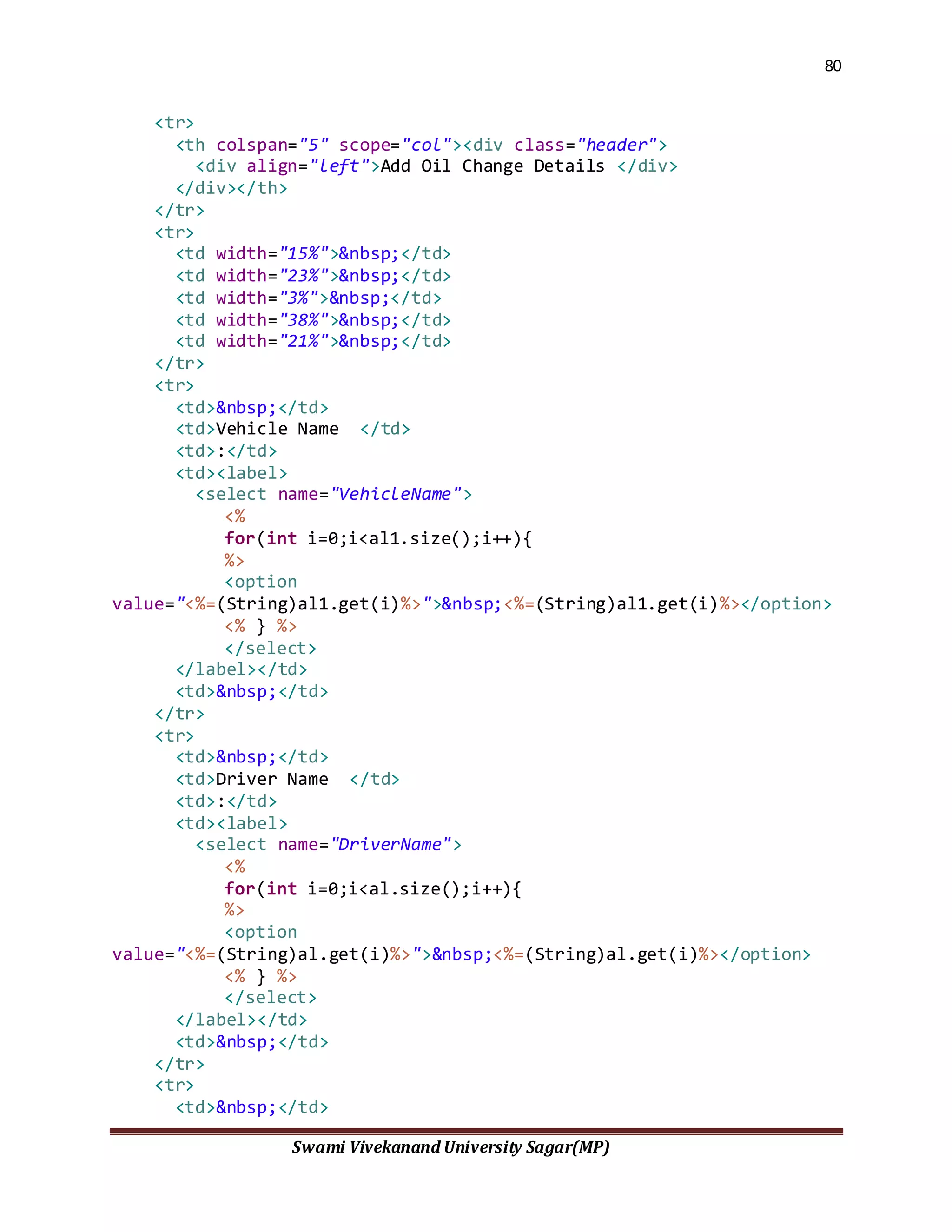 80
Swami Vivekanand University Sagar(MP)
<tr>
<th colspan="5" scope="col"><div class="header">
<div align="left">Add Oil Change Details </div>
</div></th>
</tr>
<tr>
<td width="15%">&nbsp;</td>
<td width="23%">&nbsp;</td>
<td width="3%">&nbsp;</td>
<td width="38%">&nbsp;</td>
<td width="21%">&nbsp;</td>
</tr>
<tr>
<td>&nbsp;</td>
<td>Vehicle Name </td>
<td>:</td>
<td><label>
<select name="VehicleName">
<%
for(int i=0;i<al1.size();i++){
%>
<option
value="<%=(String)al1.get(i)%>">&nbsp;<%=(String)al1.get(i)%></option>
<% } %>
</select>
</label></td>
<td>&nbsp;</td>
</tr>
<tr>
<td>&nbsp;</td>
<td>Driver Name </td>
<td>:</td>
<td><label>
<select name="DriverName">
<%
for(int i=0;i<al.size();i++){
%>
<option
value="<%=(String)al.get(i)%>">&nbsp;<%=(String)al.get(i)%></option>
<% } %>
</select>
</label></td>
<td>&nbsp;</td>
</tr>
<tr>
<td>&nbsp;</td>
 