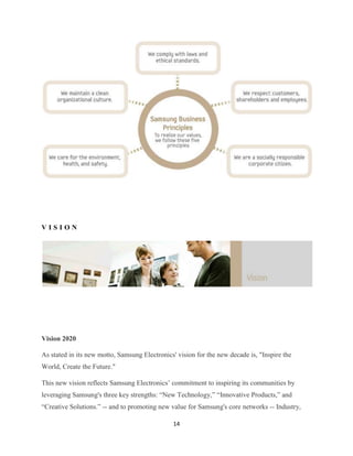 VISION




Vision 2020

As stated in its new motto, Samsung Electronics' vision for the new decade is, "Inspire the
World, Create the Future."

This new vision reflects Samsung Electronics’ commitment to inspiring its communities by
leveraging Samsung's three key strengths: ―New Technology,‖ ―Innovative Products,‖ and
―Creative Solutions.‖ -- and to promoting new value for Samsung's core networks -- Industry,

                                               14
 