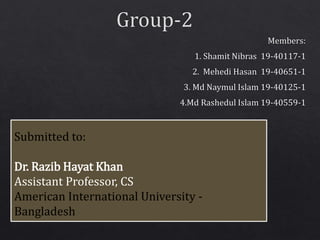 Submitted to:
Dr. Razib Hayat Khan
Assistant Professor, CS
American International University -
Bangladesh
 