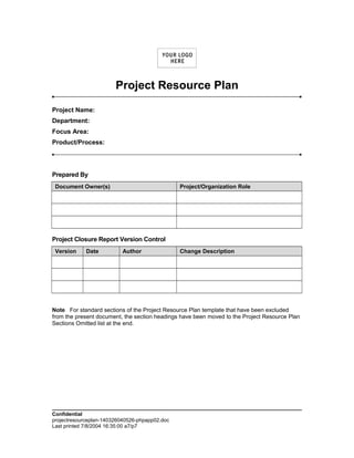 Project Resource Plan
Project Name:
Department:
Focus Area:
Product/Process:
Prepared By
Document Owner(s) Project/Organization Role
Project Closure Report Version Control
Version Date Author Change Description
Note For standard sections of the Project Resource Plan template that have been excluded
from the present document, the section headings have been moved to the Project Resource Plan
Sections Omitted list at the end.
Confidential
projectresourceplan-140326040526-phpapp02.doc
Last printed 7/8/2004 16:35:00 a7/p7
 