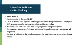 Front Dart And Breast
Pocket Marking
• Table Width is 72”.
• Maximum size of the panelis 43”
• Catch is at same time 2 panels are being placed for marking on the same table by two
different operators for marking Front Dart and Breast Pocket
• Thus space req = 43”+43” = 86”(min.) for properspreading of the panels.
• Contrary part we may see for breast pocket marking only upper part is reqso no full
alignment.
• But, due to collision of the panels sometimes the panel is movedby the other aligned
panels
 