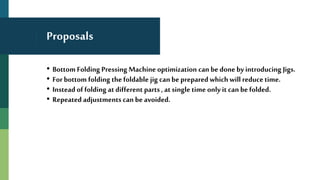 Proposals
• Bottom Folding Pressing Machine optimization can be done byintroducing Jigs.
• Forbottom folding the foldable jig can be preparedwhich will reducetime.
• Instead of folding at different parts , at single time only it can be folded.
• Repeated adjustments can be avoided.
 