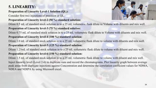 5. LINEARITY:
Preparation of Linearity Level-1 Solution (QL):
Consider first two injections of precision at QL.
Preparation of Linearity level-2 (50 %) standard solution:
Dilute 0.5 mL of standard stock solution in to a 25 mL volumetric flask dilute to Volume with diluents and mix well.
Preparation of Linearity level-3 (75 %) standard solution:
Dilute 0.75 mL of standard stock solution in to a 25 mL volumetric flask dilute to Volume with diluents and mix well.
Preparation of Linearity level-4 (100 %) standard solution:
Dilute 1.0 mL of standard stock solution in to a 25 mL volumetric flask dilute to volume with diluents and mix well.
Preparation of Linearity level-5 (125 %) standard solution:
Dilute 1.25mL of standard stock solution in to a 25 mL volumetric flask dilute to volume with diluent and mix well.
Preparation of Linearity level-6 (150 %) standard solution:
Dilute 1.5 mL of standard stock solution in to a 25 mL volumetric flask dilute to volume with diluent and mix well.
Inject linearity level (Level 2-6) in duplicate runs and record the chromatograms. Plot linearity graph between average
peak areas from duplicate injections against Concentration and determine the correlation coefficient values for NDMA,
NDEA and NDIPA by using Microsoft excel.
34
 