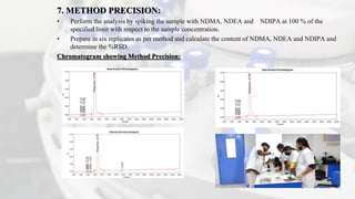 7. METHOD PRECISION:
• Perform the analysis by spiking the sample with NDMA, NDEA and NDIPA at 100 % of the
specified limit with respect to the sample concentration.
• Prepare in six replicates as per method and calculate the content of NDMA, NDEA and NDIPA and
determine the %RSD.
Chromatogram showing Method Precision:
 