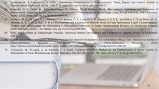 65. Tuesuwan, B., & Vongsutilers, V. (2021). Nitrosamine Contamination in Pharmaceuticals: Threat, Impact, and Control. Journal of
Pharmaceutical Sciences, (110) (9), 3118–3128. https://doi.org/10.1016/j.xphs.2021.04.021
66. Nagendla, N. K., Shaik, H., Balasubramanyam, S., Godugu, D., & Mudiam, M. K., Development, Validation, and Estimation of
Measurement Uncertainty for the Quantitative Determination of Nitrosamines in Sartan Drugs Using LC-APCI-MS/MS. SSRN Electronic
Journal (2022). https://doi.org/10.2139/ssrn.4009734
67. Monteiro, M. A., de Lima, P. C., Novotny, T. S., Santana, D. S., Lima, M. E. D., Dantas, A. S. C. L., dos Santos, L. O., de Souza, M. N.,
Maranho, R. L. D. N., & Ochs, S. D. M. Development and Validation of Methods Based on High-Performance Liquid Chromatography-
Tandem Mass Spectrometry for Determining N-Nitrosamines Impurities in Sartan Pharmaceutical Products for Monitoring Program.
SSRN Electronic Journal. (2022).https://doi.org/10.2139/ssrn.4057039
68. Bethi, Madhusudhan & Bethanamudi, Prasanna. Analytical Method Development and Validation of Impurity Profile in Rifapentine,
(2017).
69. Jain, P. (n.d.). Review on Various Analytical Methods Developed for Rifapentine: An Antitubercular Drug | Jain | International Journal of
Chem-informatics Research. International Journal of Chem-Informatics Research, (2022)
https://chemical.journalspub.info/index.php?journal=JAWCM&page=article&op=view&path%5B%5D=209
70. Al-Kaseem, M., Al-Assaf, Z., & Karabeet, F. A Rapid, Validated RP-HPLC Method for the Determination of Seven Volatile N-
Nitrosamines in Meat. Pharmacology &Amp; Pharmacy, (05) (03) (2014), 298–308. https://doi.org/10.4236/pp.2014.53037.
63
 