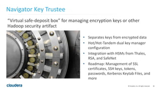 20© Cloudera, Inc. All rights reserved.
“Virtual safe-deposit box” for managing encryption keys or other
Hadoop security artifact
Navigator Key Trustee
• Separates keys from encrypted data
• Hot/Hot-Tandem dual key manager
configuration
• Integration with HSMs from Thales,
RSA, and SafeNet
• Roadmap: Management of SSL
certificates, SSH keys, tokens,
passwords, Kerberos Keytab Files, and
more
 