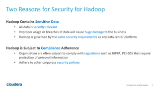 4© Cloudera, Inc. All rights reserved.
Two Reasons for Security for Hadoop
Hadoop Contains Sensitive Data
• All data is security relevant
• Improper usage or breaches of data will cause huge damage to the business
• Hadoop is governed by the same security requirements as any data center platform
Hadoop is Subject to Compliance Adherence
• Organization are often subject to comply with regulations such as HIPPA, PCI-DSS that require
protection of personal information
• Adhere to other corporate security policies
 