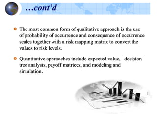 Risks have been thoroughly examined and included in project
plans, resulting in risk reduction. Information about possible risks
is available throughout the project, resulting in a better decision-
making process
Project objectives might be affected by certain risks, allowing the
objectives to be improved
Many of the project weaknesses have been identified in advance
and are incorporated into the project plan.
Decrease the number of changes made to the project plan during
project execution, resulting in higher chances of project success
 