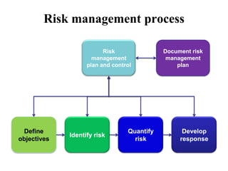 Risk Management Process
Risk
management
plan and control
Document risk
management
plan
Define
objectives
Identify risk
Quantify
risk
Develop
response
 