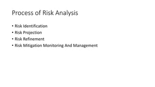 Process of Risk Analysis
• Risk Identification
• Risk Projection
• Risk Refinement
• Risk Mitigation Monitoring And Management
 