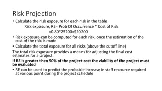 Risk Projection
• Calculate the risk exposure for each risk in the table
Risk exposure, RE= Prob Of Occurrence * Cost of Risk
=0.80*25200=$20200
• Risk exposure can be computed for each risk, once the estimation of the
cost of the risk is made
• Calculate the total exposure for all risks (above the cutoff line)
The total risk exposure provides a means for adjusting the final cost
estimates for a project
If RE is greater then 50% of the project cost the viability of the project must
be evaluated
• RE can be used to predict the probable increase in staff resource required
at various point during the project schedule
 