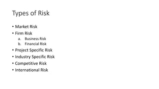 Types of Risk
• Market Risk
• Firm Risk
a. Business Risk
b. Financial Risk
• Project Specific Risk
• Industry Specific Risk
• Competitive Risk
• International Risk
 