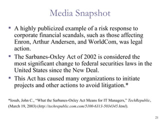 Media Snapshot
 A highly publicized example of a risk response to
  corporate financial scandals, such as those affecting
  Enron, Arthur Andersen, and WorldCom, was legal
  action.
 The Sarbanes-Oxley Act of 2002 is considered the
  most significant change to federal securities laws in the
  United States since the New Deal.
 This Act has caused many organizations to initiate
  projects and other actions to avoid litigation.*

*Iosub, John C., “What the Sarbanes-Oxley Act Means for IT Managers,” TechRepublic,
(March 19, 2003) (http://techrepublic.com.com/5100-6313-5034345.html).

                                                                                      21
 