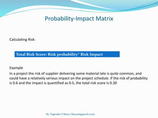 Probability-Impact Matrix 
Calculating Risk: 
Total Risk Score: Risk probability* Risk Impact 
Example 
In a project the risk of supplier delivering some material late is quite common, and 
could have a relatively serious impact on the project schedule. If the risk of probability 
is 0.6 and the impact is quantified as 0.5, the total risk score is 0.30 
By: Yogender S Rana ( Rana26@gmail.com) 
 