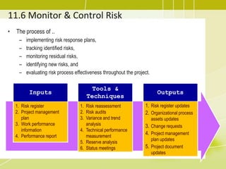 11.6 Monitor & Control Risk
• The process of ..
– implementing risk response plans,
– tracking identified risks,
– monitoring residual risks,
– identifying new risks, and
– evaluating risk process effectiveness throughout the project.
Inputs
1. Risk register
2. Project management
plan
3. Work performance
information
4. Performance report
Tools &
Techniques
1. Risk reassessment
2. Risk audits
3. Variance and trend
analysis
4. Technical performance
measurement
5. Reserve analysis
6. Status meetings
Outputs
1. Risk register updates
2. Organizational process
assets updates
3. Change requests
4. Project management
plan updates
5. Project document
updates
 