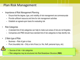 Plan Risk Management
• Importance of Risk Management Planning
– Ensure that the degree, type, and visibility of risk management are commensurate
– Provide sufficient resource and time for risk management activities
– Establish an agreed-upon basis for evaluating risk
• Risk Categories
– A standard list of risk categories can help to make sure areas of risk are not forgotten.
– Companies and PMO should have standard list of risk categories to help identify risk.
• 2 Main type of Risk
– Business – Risk of gain or loss
– Pure (insurable) risk – Only a risk of loss (i.e. fire, theft, personal injury, etc)
• Sources of risk = risk categories
• Risk categories may be structured into Risk Breakdown Structure (RBS)
 