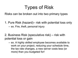 Types of Risk
Risks can be broken out into two primary types
1. Pure Risk (hazard)– risk with potential loss only
– ex. Fire, theft, personal injury
2. Business Risk (speculative risk) – risk with
potential loss or gain
– ex. A highly skilled employee becomes available to
work on your project, reducing your schedule time,
the tax rate changes, a new server costs less (or
more) than you budgeted for!
 