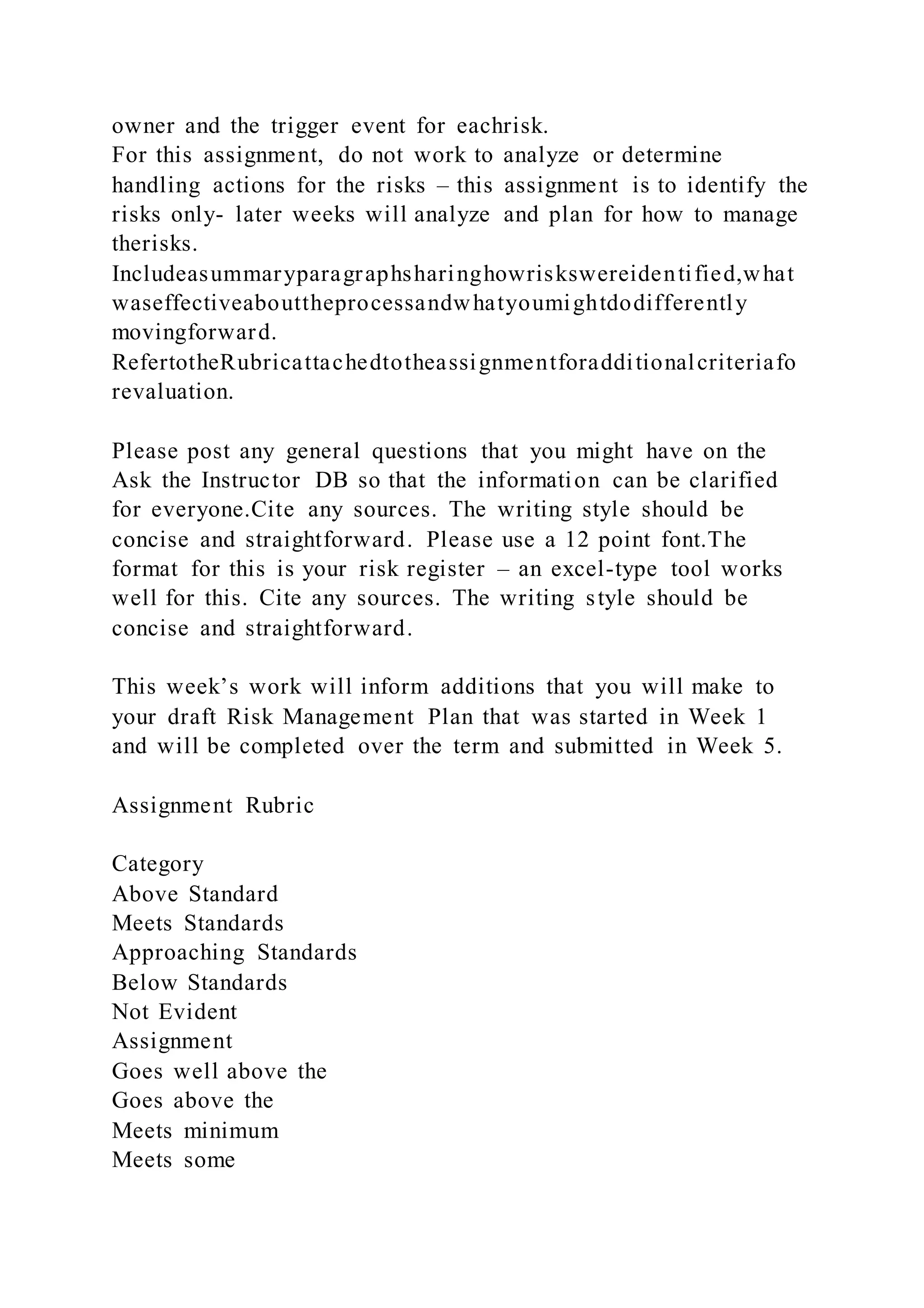 owner and the trigger event for eachrisk.
For this assignment, do not work to analyze or determine
handling actions for the risks – this assignment is to identify the
risks only- later weeks will analyze and plan for how to manage
therisks.
Includeasummaryparagraphsharinghowriskswereidentified,what
waseffectiveabouttheprocessandwhatyoumightdodifferently
movingforward.
RefertotheRubricattachedtotheassignmentforadditionalcriteriafo
revaluation.
Please post any general questions that you might have on the
Ask the Instructor DB so that the information can be clarified
for everyone.Cite any sources. The writing style should be
concise and straightforward. Please use a 12 point font.The
format for this is your risk register – an excel-type tool works
well for this. Cite any sources. The writing style should be
concise and straightforward.
This week’s work will inform additions that you will make to
your draft Risk Management Plan that was started in Week 1
and will be completed over the term and submitted in Week 5.
Assignment Rubric
Category
Above Standard
Meets Standards
Approaching Standards
Below Standards
Not Evident
Assignment
Goes well above the
Goes above the
Meets minimum
Meets some
 