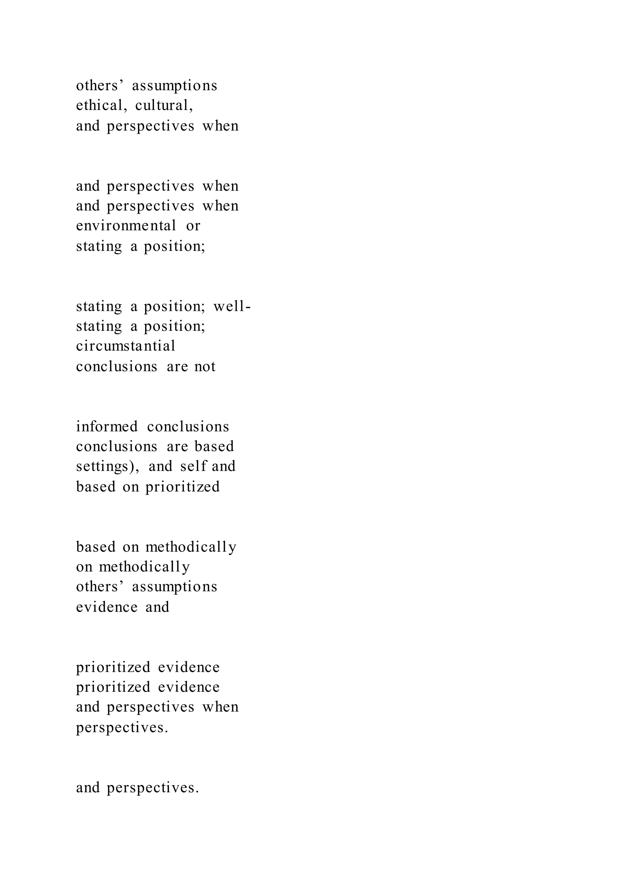 others’ assumptions
ethical, cultural,
and perspectives when
and perspectives when
and perspectives when
environmental or
stating a position;
stating a position; well-
stating a position;
circumstantial
conclusions are not
informed conclusions
conclusions are based
settings), and self and
based on prioritized
based on methodically
on methodically
others’ assumptions
evidence and
prioritized evidence
prioritized evidence
and perspectives when
perspectives.
and perspectives.
 