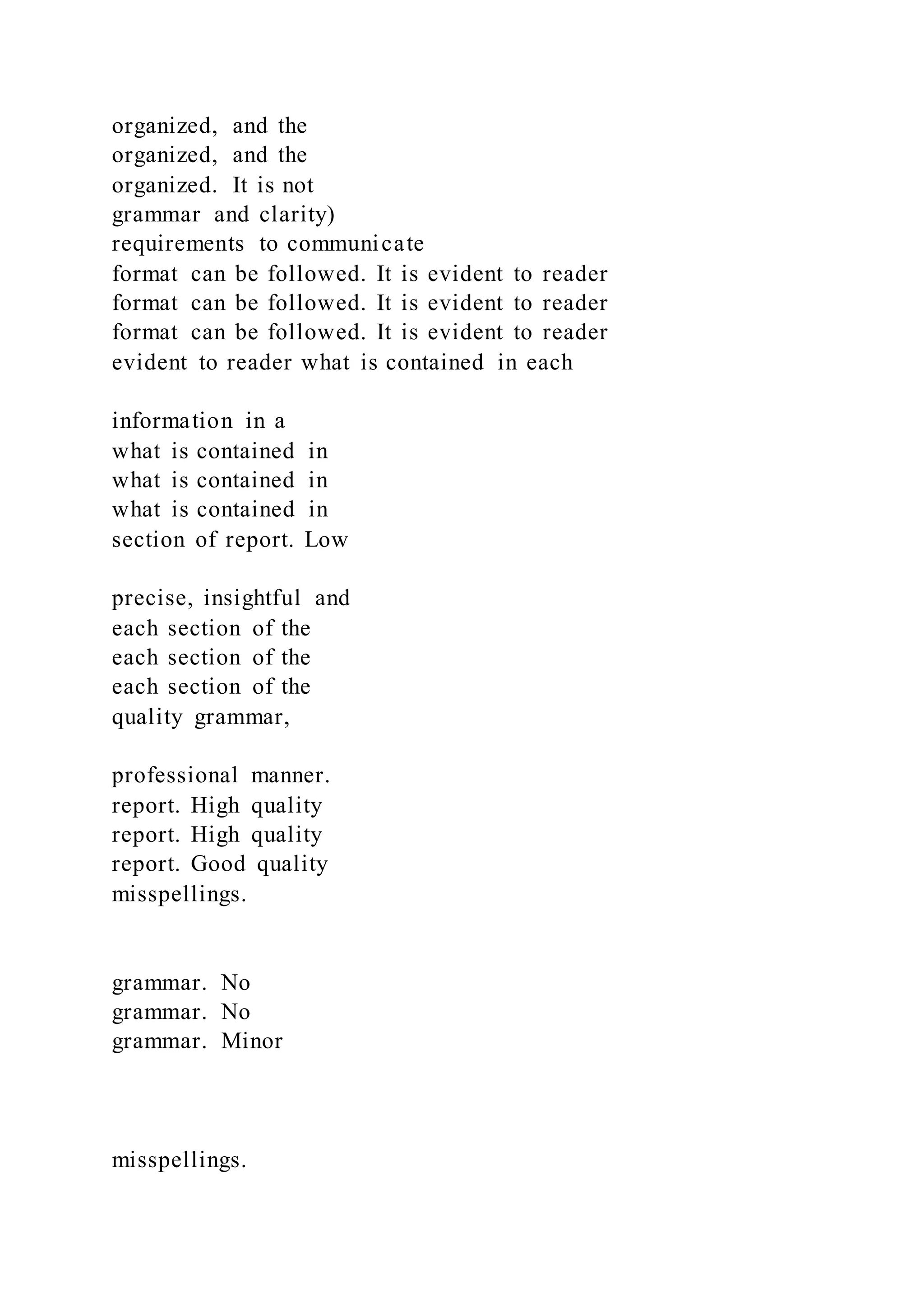 organized, and the
organized, and the
organized. It is not
grammar and clarity)
requirements to communicate
format can be followed. It is evident to reader
format can be followed. It is evident to reader
format can be followed. It is evident to reader
evident to reader what is contained in each
information in a
what is contained in
what is contained in
what is contained in
section of report. Low
precise, insightful and
each section of the
each section of the
each section of the
quality grammar,
professional manner.
report. High quality
report. High quality
report. Good quality
misspellings.
grammar. No
grammar. No
grammar. Minor
misspellings.
 