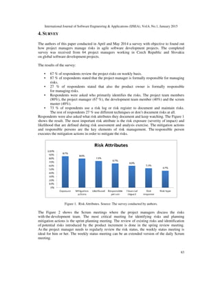 International Journal of Software Engineering & Applications (IJSEA), Vol.6, No.1, January 2015
83
4. SURVEY
The authors of this paper conducted in April and May 2014 a survey with objective to found out
how project managers manage risks in agile software development projects. The completed
survey was received from 64 project managers working in Czech Republic and Slovakia
on global software development projects.
The results of the survey:
• 67 % of respondents review the project risks on weekly basis.
• 87 % of respondents stated that the project manager is formally responsible for managing
risks.
• 27 % of respondents stated that also the product owner is formally responsible
for managing risks.
• Respondents were asked who primarily identifies the risks. The project team members
(80%), the project manager (67 %), the development team member (40%) and the scrum
master (40%).
• 73 % of respondents use a risk log or risk register to document and maintain risks.
The rest of respondents 27 % use different techniques or don’t document risks at all.
Respondents were also asked what risk attributes they document and keep watching. The Figure 1
shows the result. The most important risk attribute is the risk exposure (severity of impact) and
likelihood that are defined during risk assessment and analysis exercise. The mitigation actions
and responsible persons are the key elements of risk management. The responsible person
executes the mitigation actions in order to mitigate the risks.
Figure 1. Risk Attributes. Source: The survey conducted by authors.
The Figure 2 shows the Scrum meetings where the project managers discuss the risks
with the development team. The most critical meeting for identifying risks and planning
mitigation actions is the sprint planning meeting. The review of existing risks and identification
of potential risks introduced by the product increment is done in the spring review meeting.
As the project manager needs to regularly review the risk status, the weekly status meeting is
ideal for him or her. The weekly status meeting can be an extended version of the daily Scrum
meeting.
 