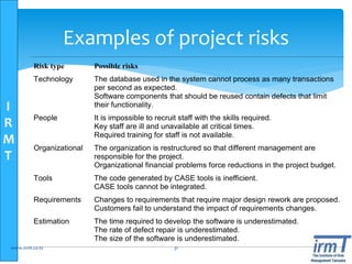 I
R
M
T
Examples of project risks
Risk type Possible risks
Technology The database used in the system cannot process as many transactions
per second as expected.
Software components that should be reused contain defects that limit
their functionality.
People It is impossible to recruit staff with the skills required.
Key staff are ill and unavailable at critical times.
Required training for staff is not available.
Organizational The organization is restructured so that different management are
responsible for the project.
Organizational financial problems force reductions in the project budget.
Tools The code generated by CASE tools is inefficient.
CASE tools cannot be integrated.
Requirements Changes to requirements that require major design rework are proposed.
Customers fail to understand the impact of requirements changes.
Estimation The time required to develop the software is underestimated.
The rate of defect repair is underestimated.
The size of the software is underestimated.
www.irmt.co.tz 31
 