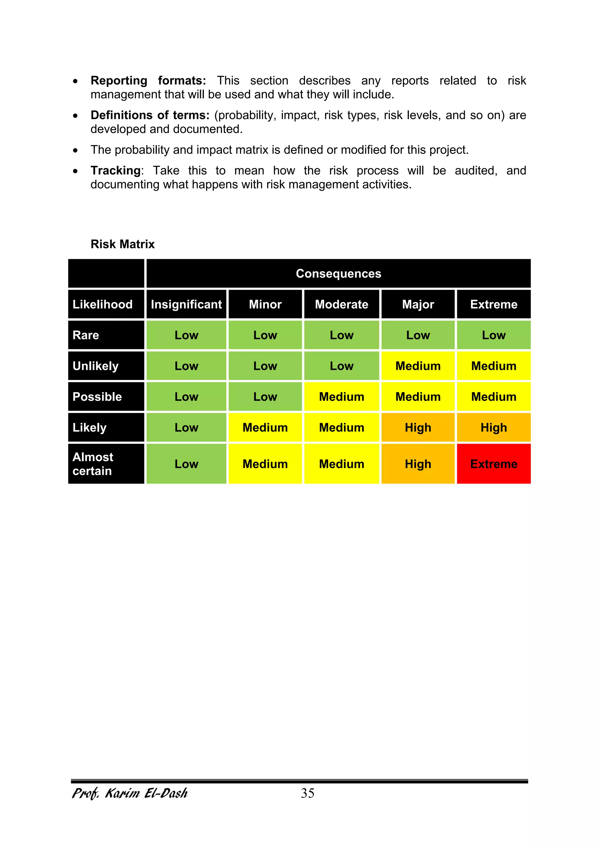 Prof. Karim El-Dash 35
• Reporting formats: This section describes any reports related to risk
management that will be used and what they will include.
• Definitions of terms: (probability, impact, risk types, risk levels, and so on) are
developed and documented.
• The probability and impact matrix is defined or modified for this project.
• Tracking: Take this to mean how the risk process will be audited, and
documenting what happens with risk management activities.
Risk Matrix
Consequences
Likelihood Insignificant Minor Moderate Major Extreme
Rare Low Low Low Low Low
Unlikely Low Low Low Medium Medium
Possible Low Low Medium Medium Medium
Likely Low Medium Medium High High
Almost
certain
Low Medium Medium High Extreme
 